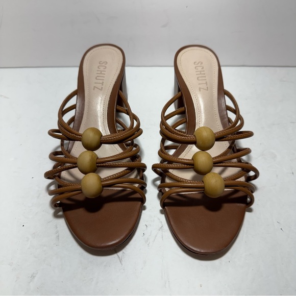 SCHUTZ Roanna Strappy Wood-Bead Brown Slide Block Heel Sandals Size 7.5 - Picture 4 of 14